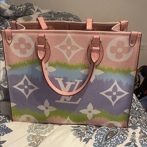 Louis Vuitton Style Designer Pink Lavender Green Monogram Canvas Tote